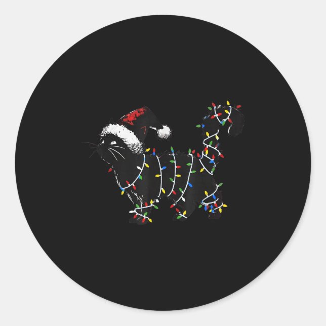 Cute Cat Christmas Tree Lights Funny Santa Kitten  Classic Round Sticker (Front)