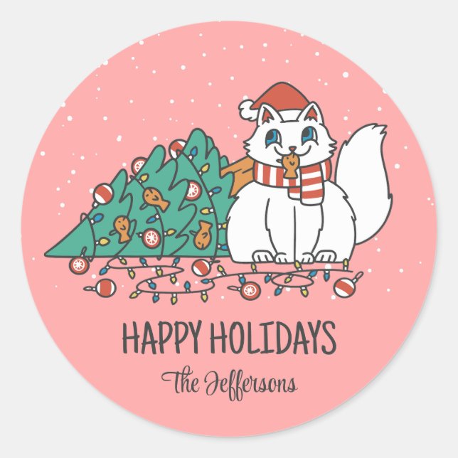 Cute Cat Christmas Tree Snowy Winter Holiday Classic Round Sticker (Front)