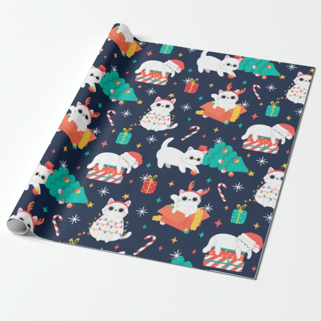 Cute Cat Christmas Wrapping Paper (Unrolled)