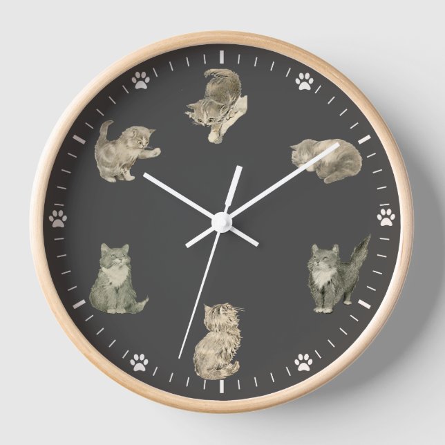 Cute Cat Clock - Grey Vintage Cat Illustrations (Front)
