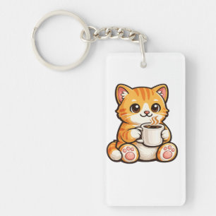 Cute Cat Coffee – Cozy Orange Cat Drinking Coffee  Keychain