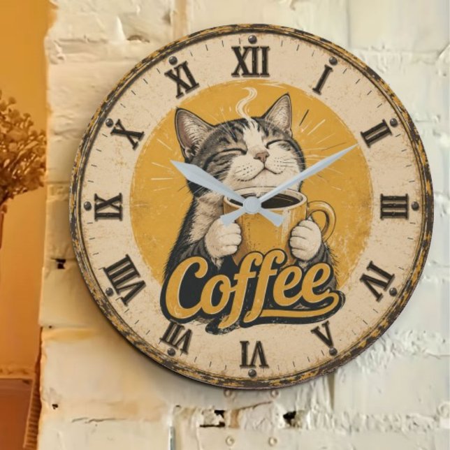 Cute Cat Coffee Large Clock (Creator Uploaded)