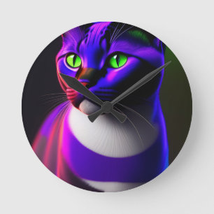 Cute Cat Color Neon Light Round Clock