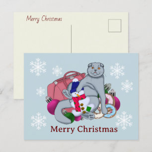 Cute cat congratulates Merry Christmas and New Yea Holiday Postcard