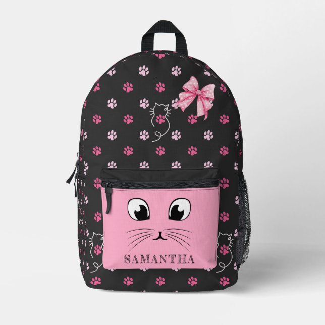 Cute Cat Coquette Bow Pink School Gift for Girls  Printed Backpack (Front)