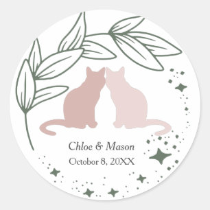 Cute Cat Couple and Unique Greenery Classic Round Sticker