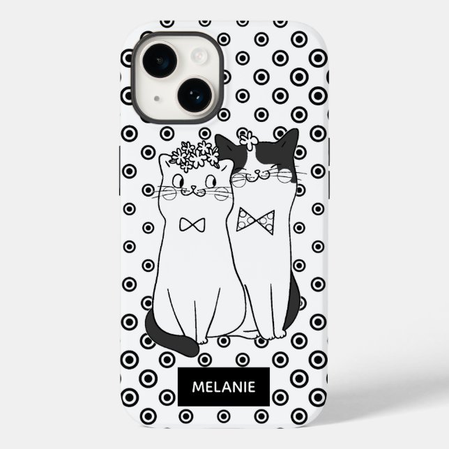 Cute Cat Couple Black and White Dots Personalised Case-Mate iPhone Case (Back)