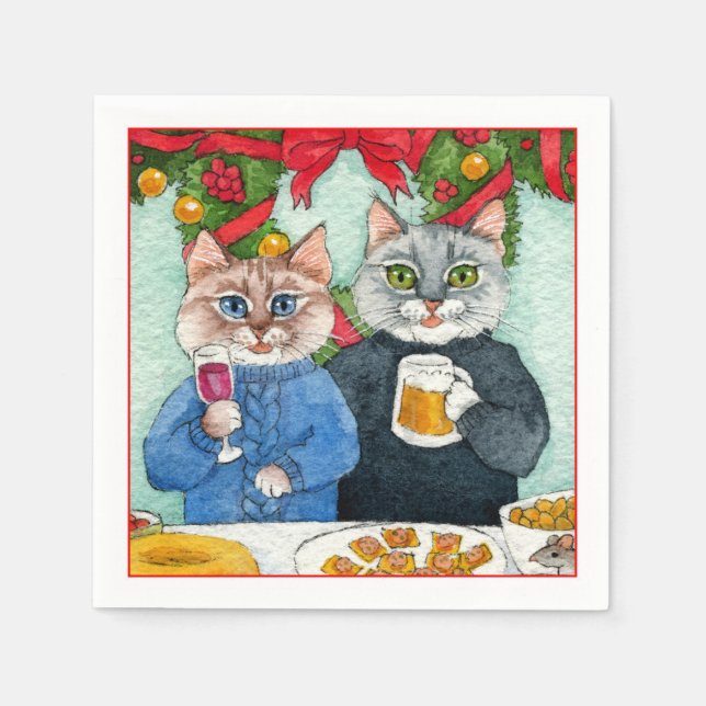 Cute cat couple Christmas party napkins (Front)