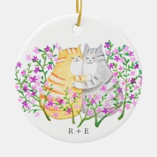 Cute Cat Couple Flowers Custom initial name year