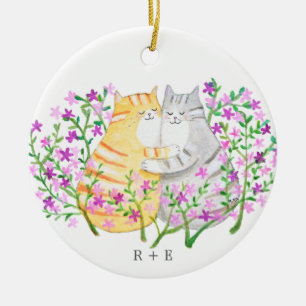 Cute Cat Couple Flowers Custom initial name year Ceramic Ornament