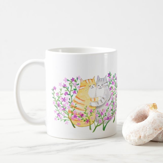 Cute Cat Couple snuggling in flowers Cat Lover Coffee Mug (With Donut)