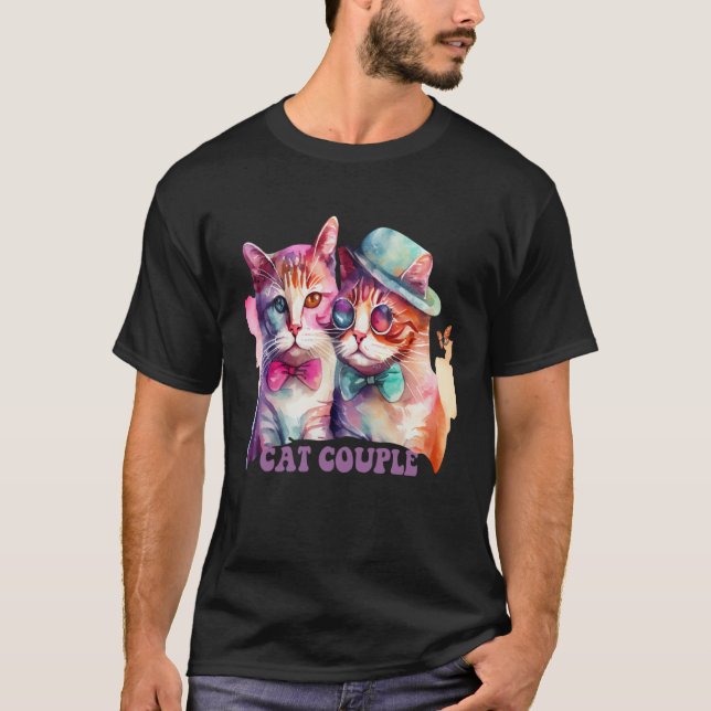 Cute Cat Couple With Hat And Glasses For Cat T-Shirt (Front)