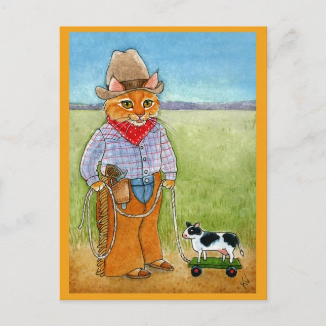 Cute cat cowboy, toy cow postcard (Front)