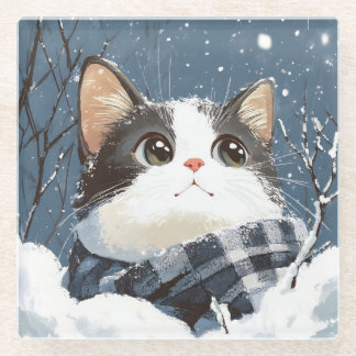 Cute cat cozy winter snow glass coaster