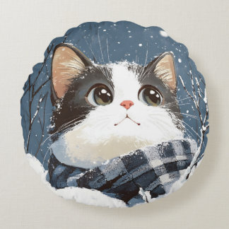 Cute cat cozy winter snow round pillow