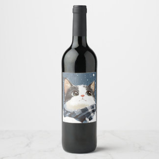 Cute cat cozy winter snow wine label