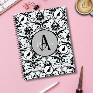 Cute Cat Damask Personalized Polka Dots Notebook