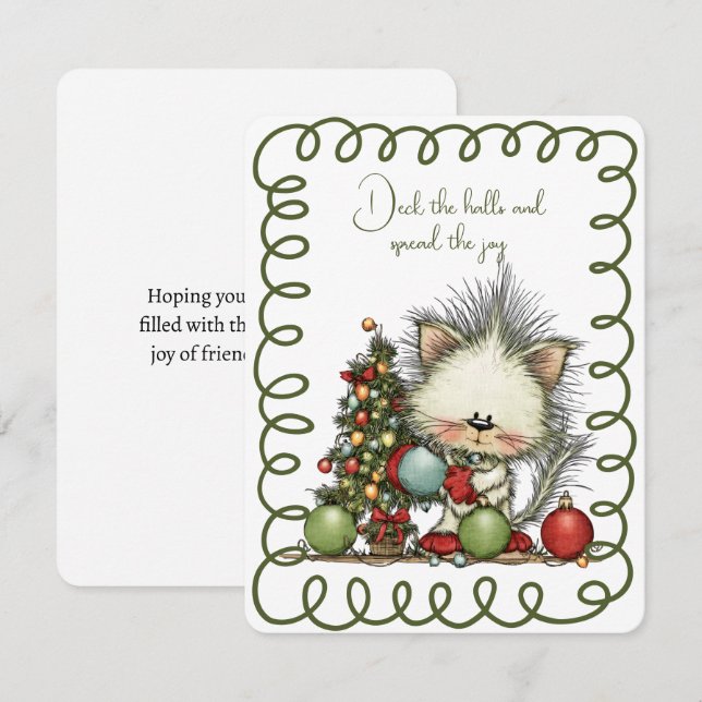 Cute Cat Decorating the Christmas Tree Holiday Card (Front/Back)