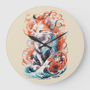 Cute Cat Design in Neo Traditional Style Large Clock