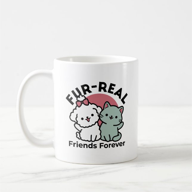 Cute Cat & Dog 'Fur-Real Friends Forever' Design Coffee Mug (Left)