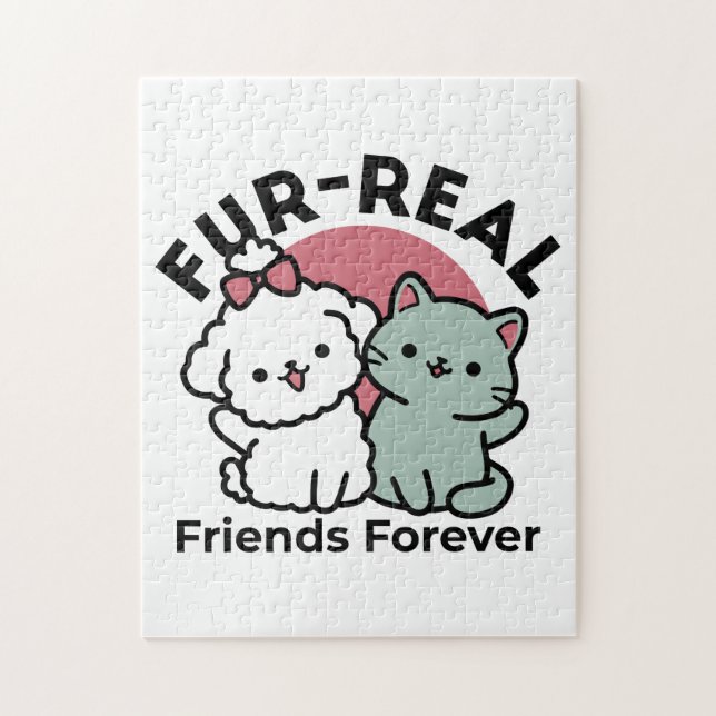 Cute Cat & Dog 'Fur-Real Friends Forever' Design Jigsaw Puzzle (Vertical)