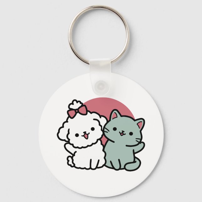 Cute Cat & Dog 'Fur-Real Friends Forever' Design Keychain (Front)