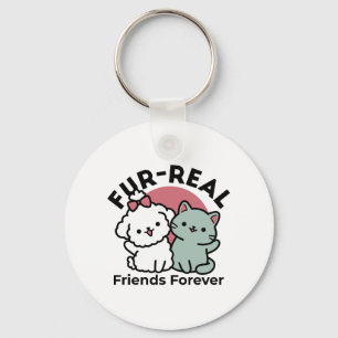 Cute Cat & Dog 'Fur-Real Friends Forever' Design Keychain