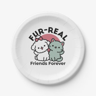 Cute Cat & Dog 'Fur-Real Friends Forever' Design Paper Plate