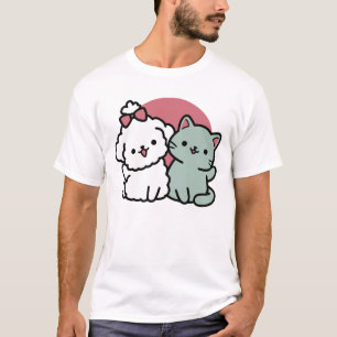Cute Cat & Dog 'Fur-Real Friends Forever' Design T-Shirt