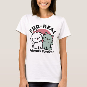 Cute Cat & Dog 'Fur-Real Friends Forever' Design T-Shirt