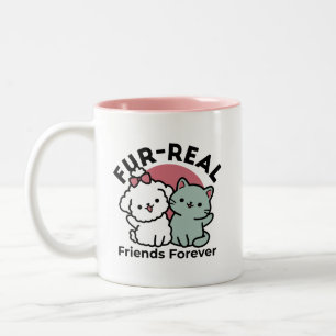 Cute Cat & Dog 'Fur-Real Friends Forever' Design Two-Tone Coffee Mug