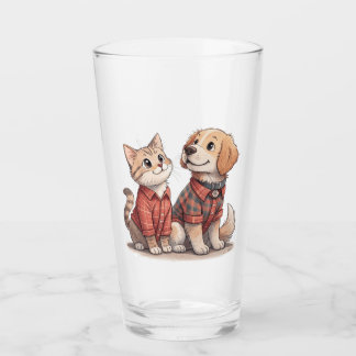 Cute Cat & Dog in Plaid tumblr glass– Cozy Animal  Glass
