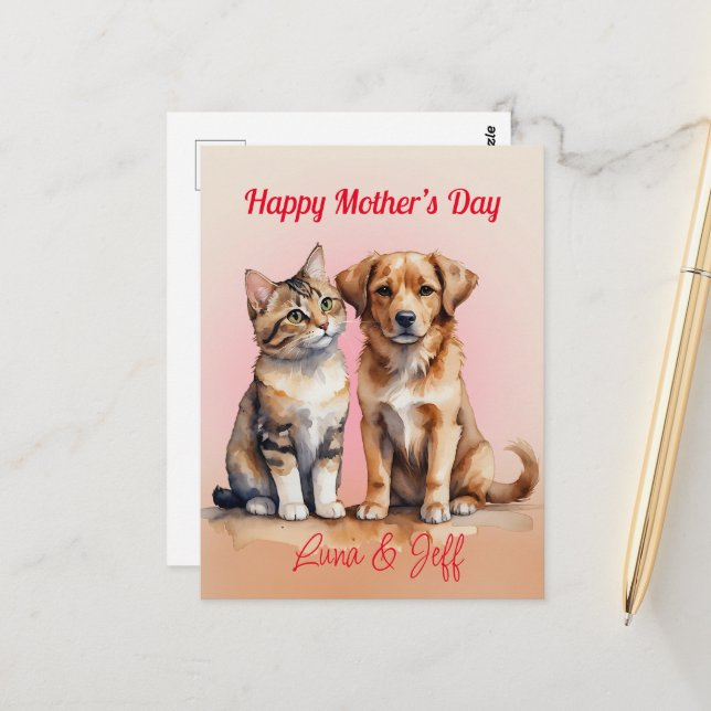 Cute Cat & Dog Watercolor Postcard (Front/Back In Situ)