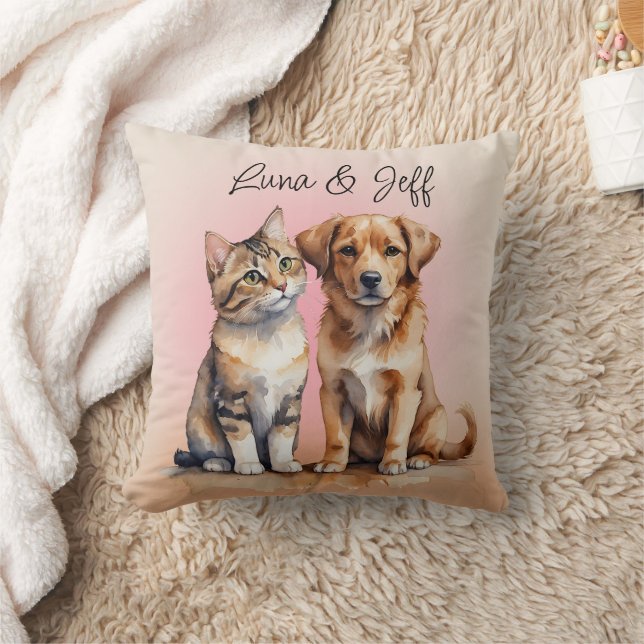 Cute Cat & Dog Watercolor Throw Pillow (Blanket)