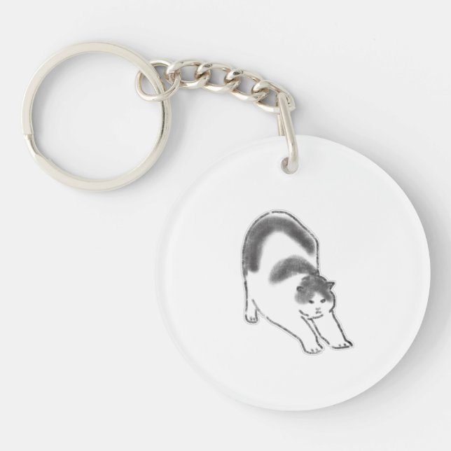 Cute Cat Doing Big Stretch Hand Drawn Art Keychain (Front)