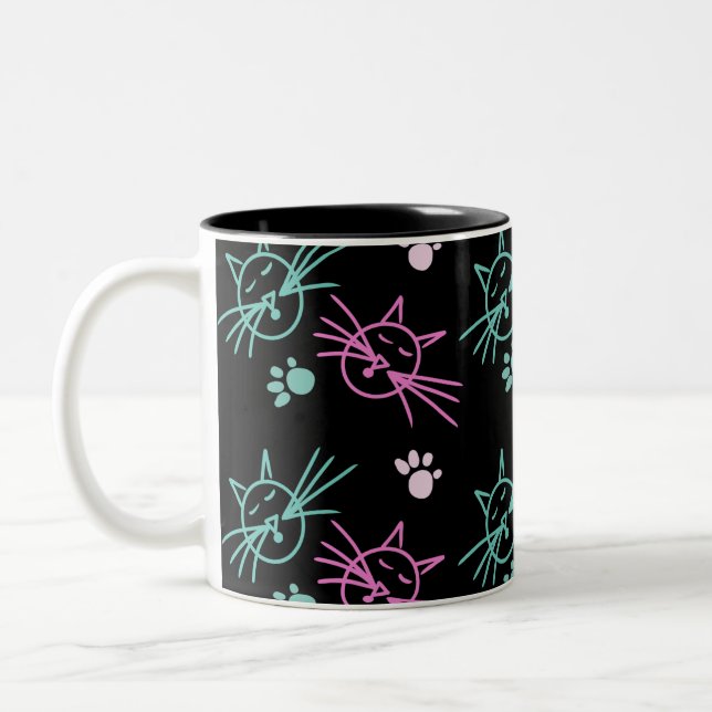 Cute Cat Doodle Pink Teal Black  Two-Tone Coffee Mug (Left)