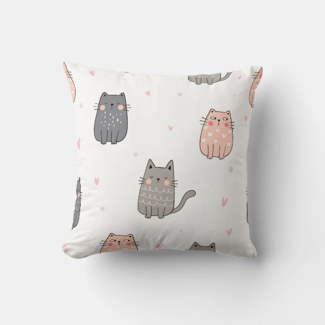 Cute Cat Doodles Pattern Throw Pillow (Front)