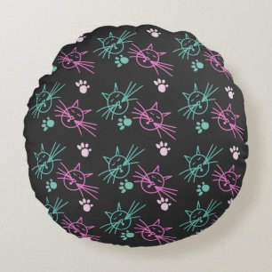 Cute Cat Doodles Pink Teal Pet Black     Round Pillow