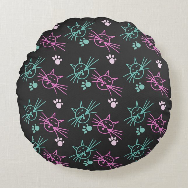 Cute Cat Doodles Pink Teal Pet Black     Round Pillow (Front)