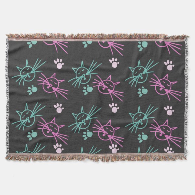 Cute Cat Doodles Pink Teal Pet Black      Throw Blanket (Front)