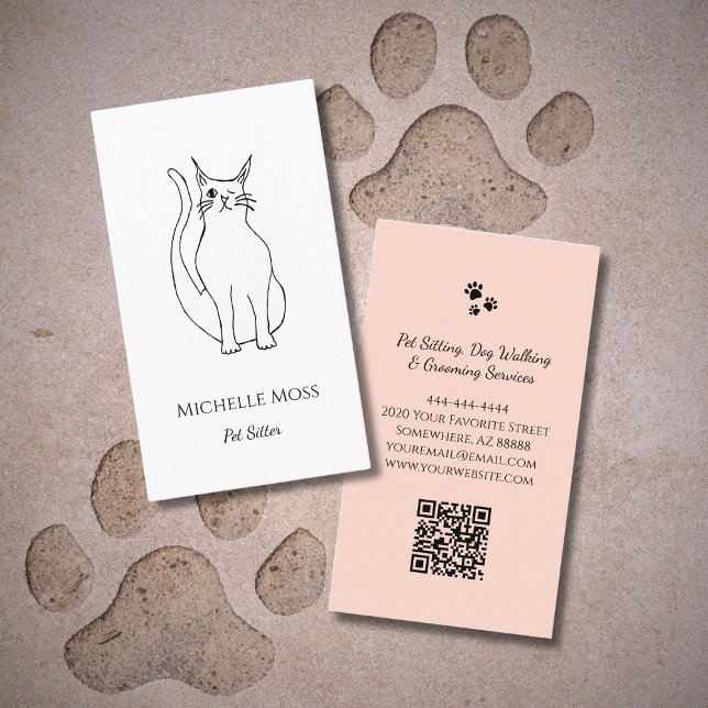 Cute Cat Drawing QR code Professional Pet Sitter  Business Card (Creator Uploaded)