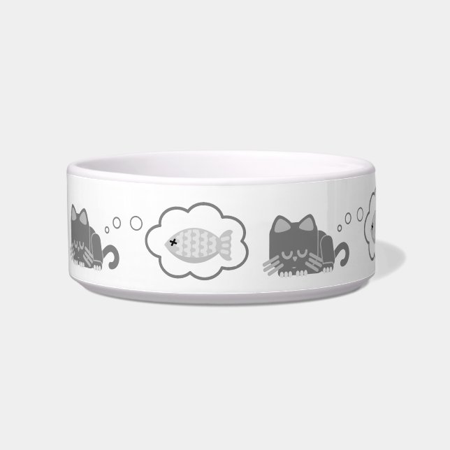 Cute Cat Dreaming of Fish Fun Illustrated Bowl (Left)