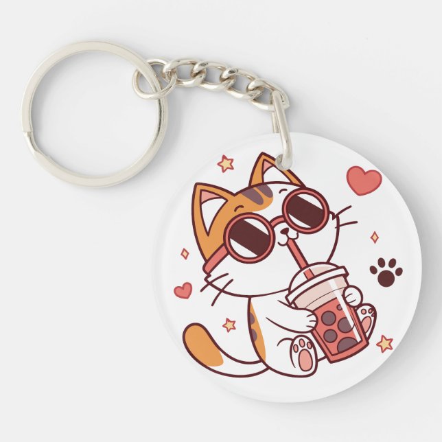 Cute Cat Drinking Boba Tea – Kawaii Accessory Keychain (Front)