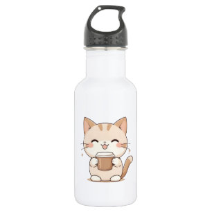Cute Cat Drinking Coffee Kawaii Design 532 Ml Water Bottle