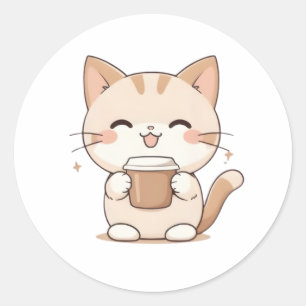 Cute Cat Drinking Coffee Kawaii Design Classic Round Sticker