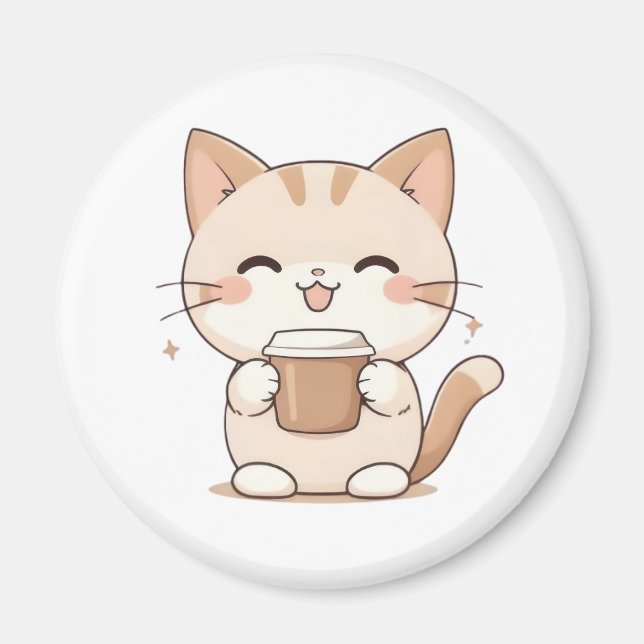 Cute Cat Drinking Coffee Kawaii Design Magnet (Front)