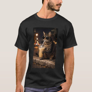 Cute Cat Drinking Iced Coffee Night Scene Long Sle T-Shirt