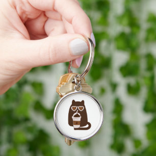 Cute Cat Drinking Iced Coffee Silver Keychain
