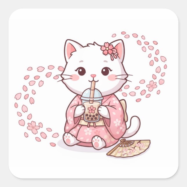Cute Cat Drinking Sakura Bubble Tea Square Sticker (Front)