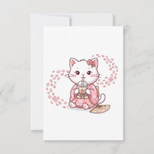 Cute Cat Drinking Sakura Bubble Tea Thank You Card